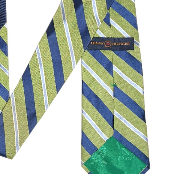 Tommy Hilfiger Silk Repp Tie Men’s 61.5” Green Blue Stripe Designer Classic New - Picture 4 of 4